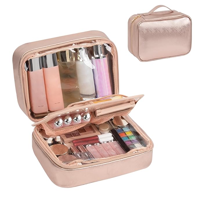 OCHEAL Makeup Bag, Makeup Travel Bag Large Capacity Waterproof Cosmetic Organizer with Makeup Brush Compartment & Handle for Women Girls Travel Toiletry Accessories-Rose Gold