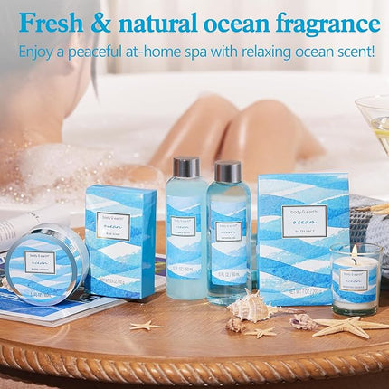 Bath and Body Gift Set for Women, Body & Earth Ocean Gift Basket, 7 Pcs Bath Sets for Women Gift with Bubble Bath, Body Lotion, Scented Candle, Spa Kit for Women, Christmas Gifts for Mom