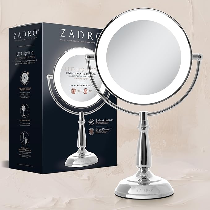 Zadro 11" Makeup Mirror with Lights and Magnification Dimmable Touch LED Lighted Makeup Mirror with Magnification (Large | 11" x 17" | 5X/1X, Chrome)