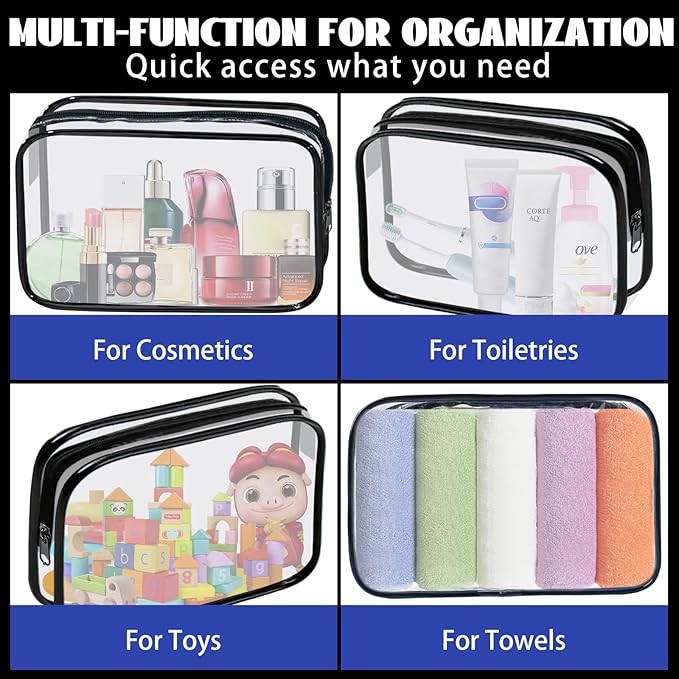 16 Pack Waterproof Cosmetic Bag TSA Approved Toiletry Bag, Portable Travel Pouch with Zipper, Vinyl Plastic Organizer Storage for Men and Women (Black-L)