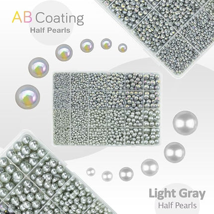 qiipii 2 Styles Solid Light Gray+ Grey AB Flatback Pearls for Bedazzling Crafting 3-10mm Half Pearls Round Beads Gems Bedazzler Kit for Nails Face Eyes Makeup Tumblers Bottles DIY Crafts Shoes﻿ Phones