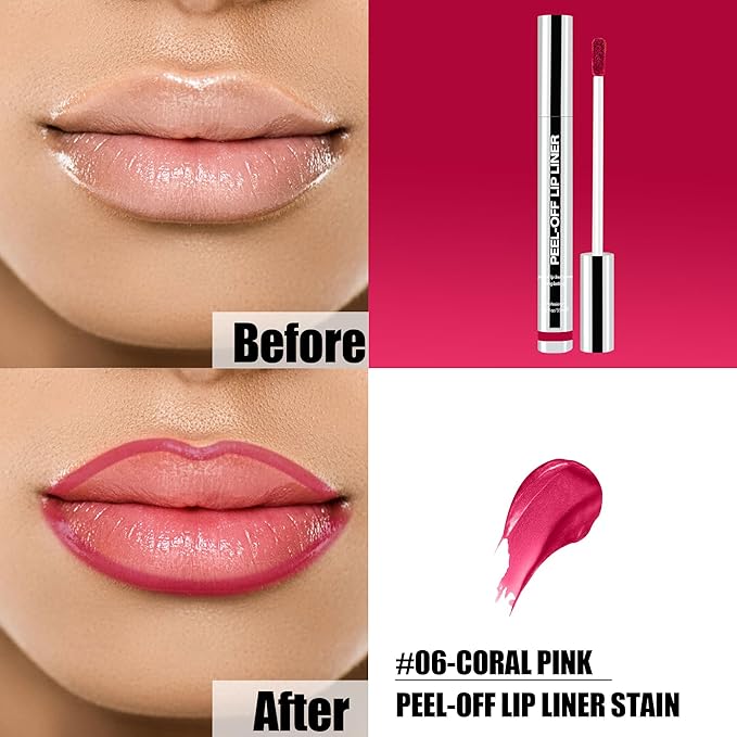 Peel Off Lip Liner Stain, Long Lasting Matte Lip Tattoo Makeup, Smudge-Proof, Highly Pigmented Color, Transfer-Proof, Waterproof, Suitable for All Skin Types, Coral Pink