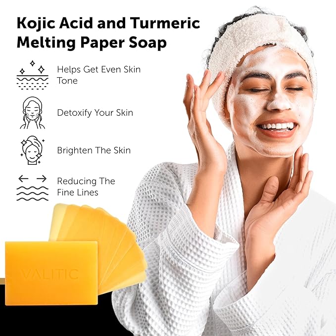 VALITIC Kojic Acid and Turmeric Dark Spot Corrector Soap – Skin Care Cleansing Duo - 2 Soap Bars and 200 Melting Paper Sheets - Infused with Vitamin C, Retinol and Collagen