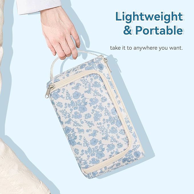 Small Makeup Bag, Travel Make Up Pouch, Floral Cosmetic Organizer Case for Women, Cute Toiletry Bag with Portable Handle