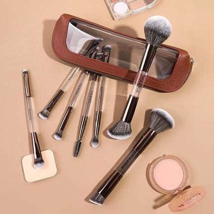 MAANGE 7 PCS Foundation Makeup Brush Set With Bag, Make up Brushes, Eyeshadow Concealer Brush, Double-ended Foundation Contour Powder Blush, Professional Face brush Set Tools For Liquid,Cream (Gray)