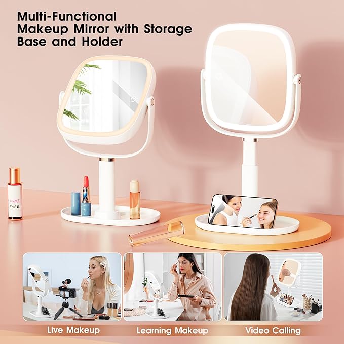 Makeup Mirror with Lights - 10x/1x Magnifying Mirror with Light, Rechargeable Desk Mirror with 3-Color Lighting & Memory Function, 360° Adjustable Table Mirror, Gift for Women (White)