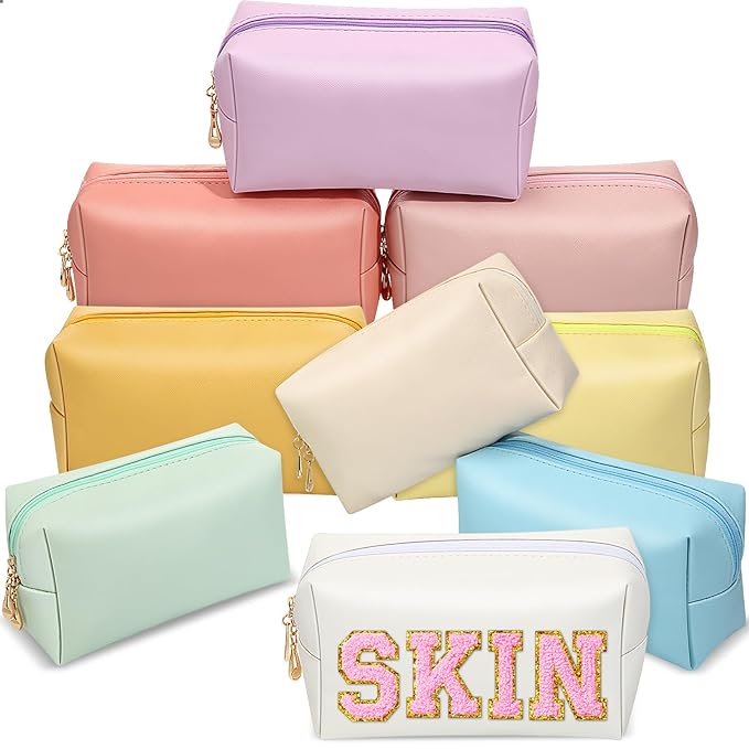 Sanwuta 9 Pcs Makeup Bags Bulk PU Double Zippers Cosmetic Bag Makeup Toiletry Pouch Portable Travel Organizers Case for Women Bachelorette Party End of The Year Bridesmaid Gift(Macaron Colors)
