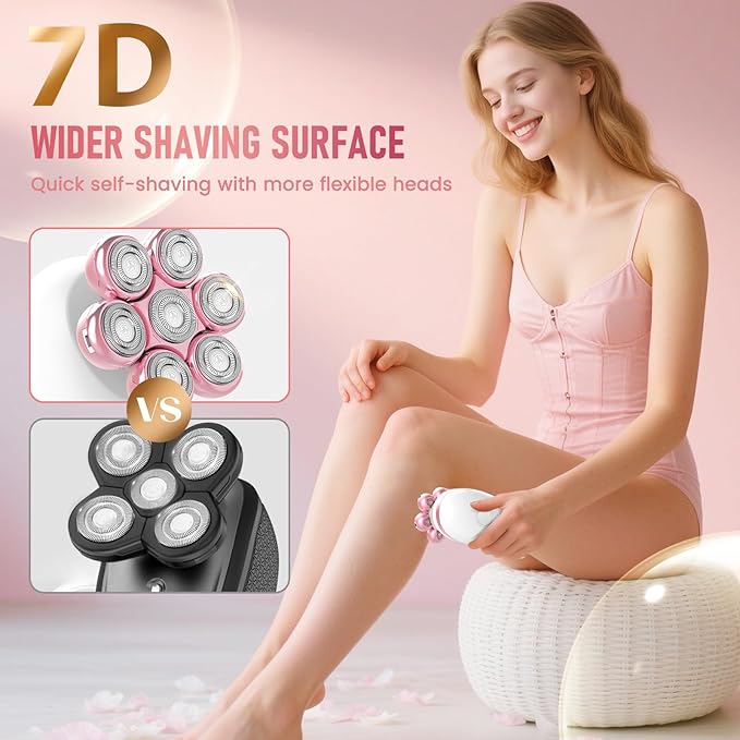 Electric Razors for Women, 7D Rotary Shaver for Legs Bikini Rechargeable, Wet/Dry Hair Removal Kit for Whole Body, Cordless Lady Trimmer Groomer, Wider Shaving Surface, Pink