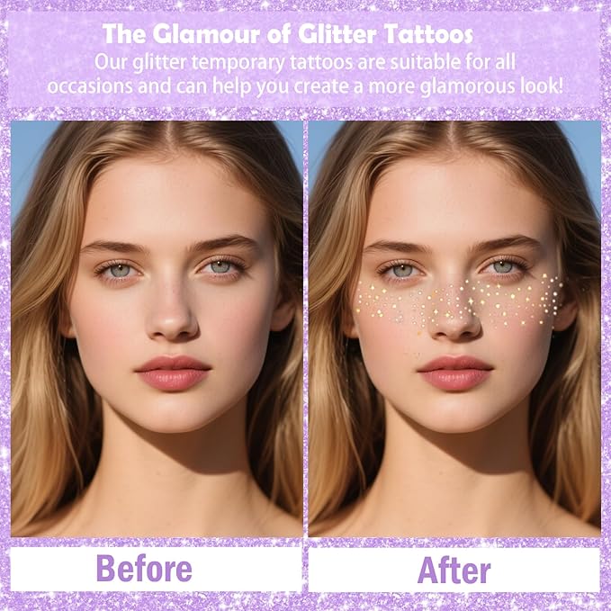 Yosca Glitter Freckles Face Tattoo, 6Pcs Metallic Silver Temporary Tattoos for Body Face Freckle Makeup, Waterproof Glitter Makeup Patches for Festival Concert Party Girl Women Rave Accessories