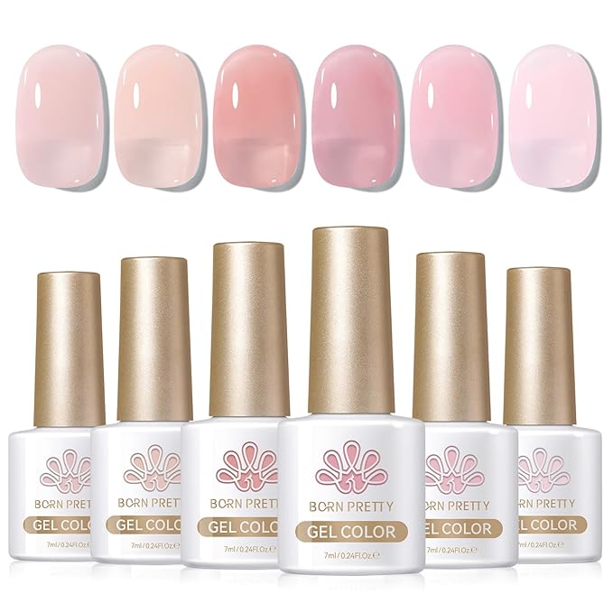 Born Pretty Jelly Pink Gel Nail Polish Set,Nude Pink Translucent Gel Polish,6 Transparent Sheer Colors Soak Off U V Light Cure Gel Polish Kit Nail Art Manicure DIY Kit Home Salon 7ML
