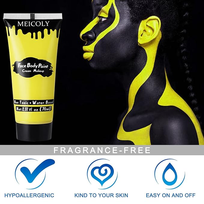 MEICOLY Yellow Face Body Paint,2.37Oz Large Tube Water Based Washable Body Paint,Yellow Face Paint for Halloween Lion Tiger Cosplay Makeup,Professional Face Painting for Adults Kids