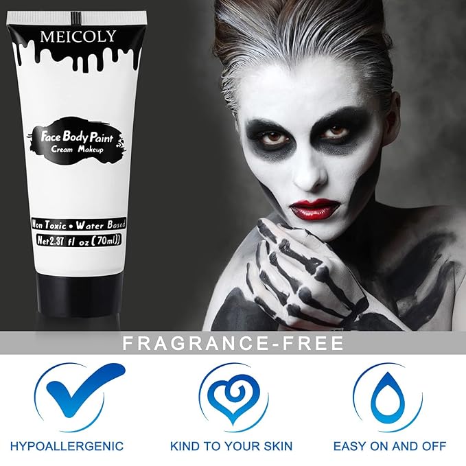 MEICOLY White Cream Face Body Paint,2.37Oz Large Tube Clown White Makeup,Water Based Full Body Paint for Adults and Kids,Halloween SFX Skull Joker Zombie Vampire Skeleton Goth Cosplay Mime Makeup