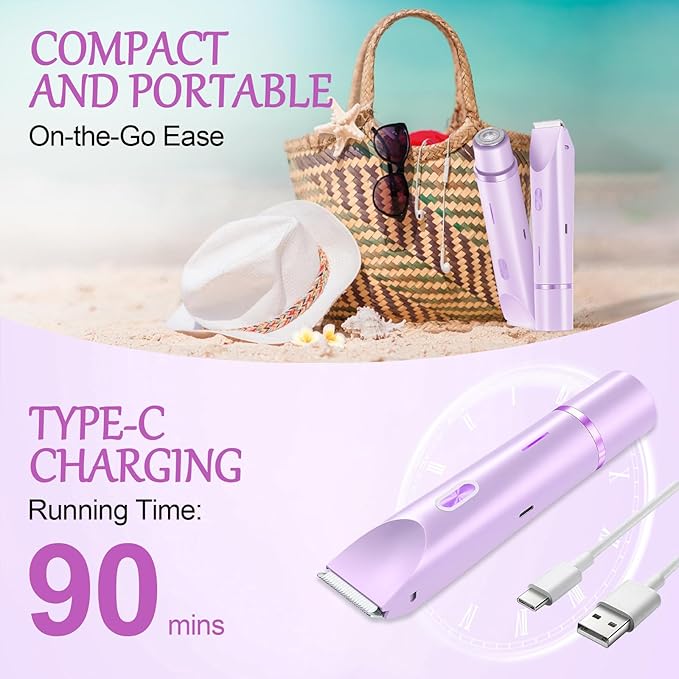 Dermave Bikini Shaver, 2 in 1 Dual Head Bikini Trimmer & Body Shaver, Pain-Free Electric Trimmer for Women, IPX7 Waterproof Wet & Dry, Ceramic Blade, Purple