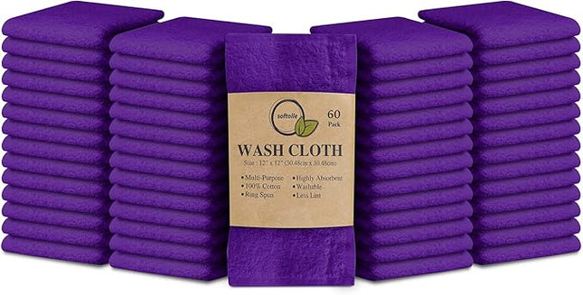 Softolle 100% Cotton Ring Spun Wash Cloths – Bulk Pack of Washcloths – 12x12 Inches – Wash Cloth for Face, Highly Absorbent, Soft and Face Towels (Purple, 60 Pack)
