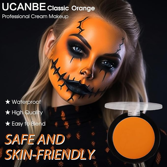UCANBE Orange Face Body Paint Makeup Foundation, Professional Blendable Cream Greasepaint, Face Painting Kit for Adults Children Halloween Party, SFX Scary Pumpkin Face Makeup, Costume & Cosplay