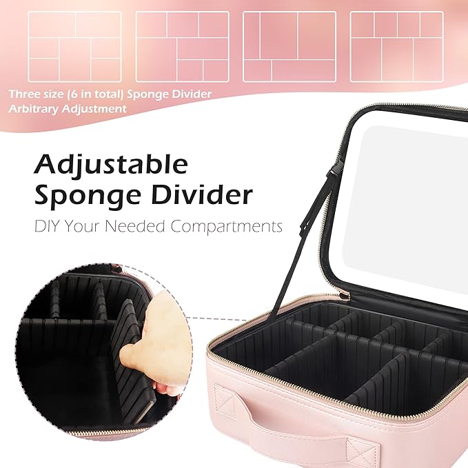 MOMIRA Travel Makeup Bag Cosmetic Bag Makeup Organizer Bag with Lighted Mirror, Adjustable Brightness in 3 Color Scenarios, Waterproof Makeup Train Case, Gift for Women - Phosphor