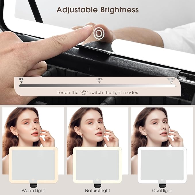 Leather Makeup Case with LED Lighted Mirror 11.4 Inch Travel Makeup Bag Adjustable Brightness in 3 Colors Cosmetic Organizer Artist Storage Bag with Dividers Brush Holder Bag Vanity Pale Gold