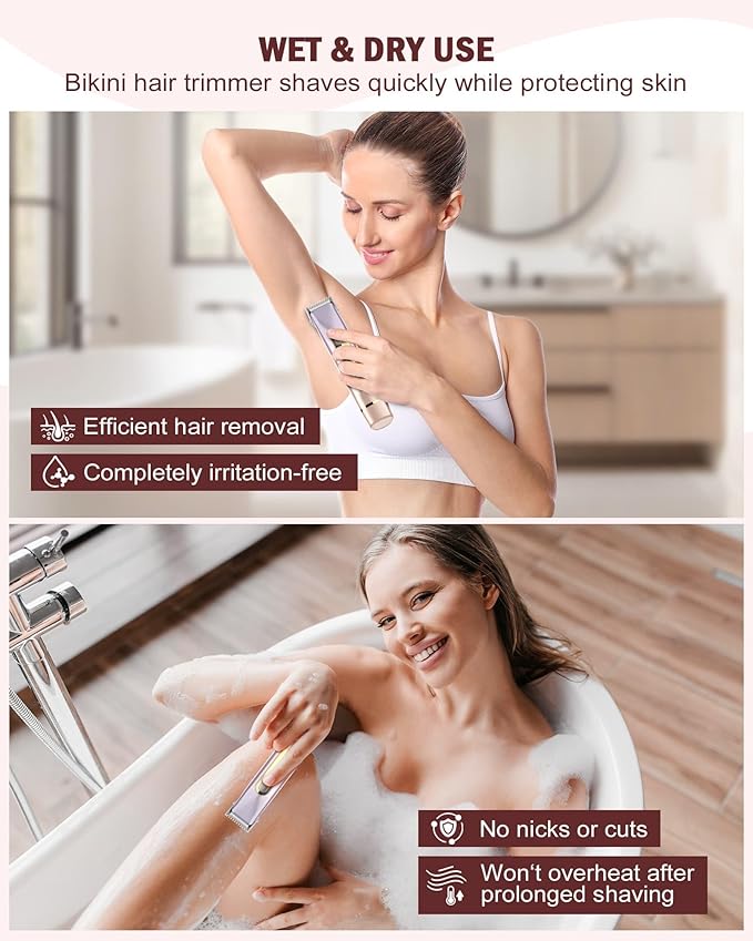 Bikini Trimmer for Women - 2 in 1 Dual Head Bikini Shaver, Painless Electric Razors for Silk Skin, Ceramic Blade, Waterproof Wet & Dry Use Body Hair Removal for Trip（Purple）