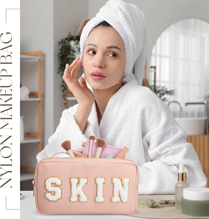 Cunno 4 Pcs Preppy Makeup Bags Chenille Letter Stuff Bag Nylon Cosmetic Pouch Cases with Zipper for Women Travel Toiletry