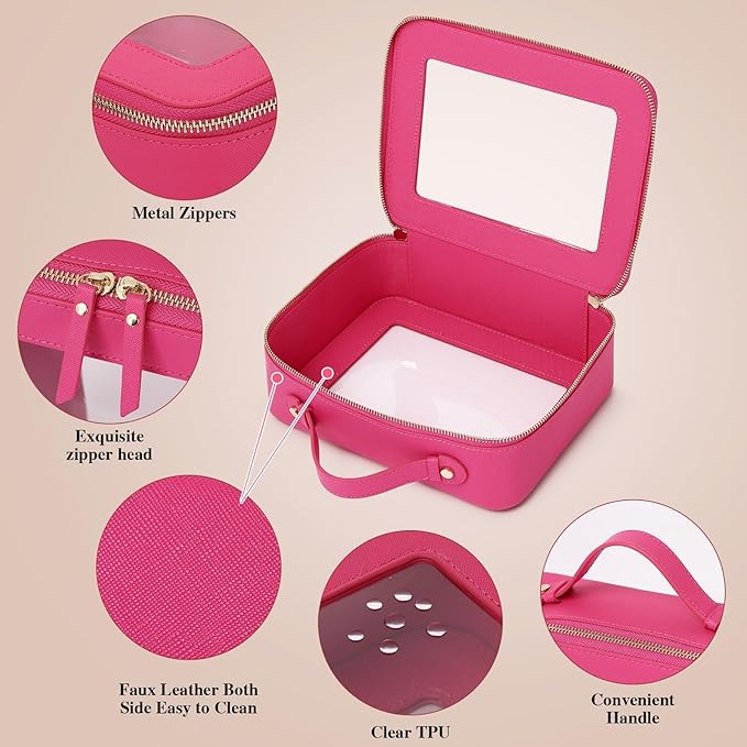 Pinkmik Clear Makeup Bag Waterproof Travel Case for Cosmetics and Toiletries Women's Makeup Organizer and Car Bag with Zipper (X/Fuxia, L)