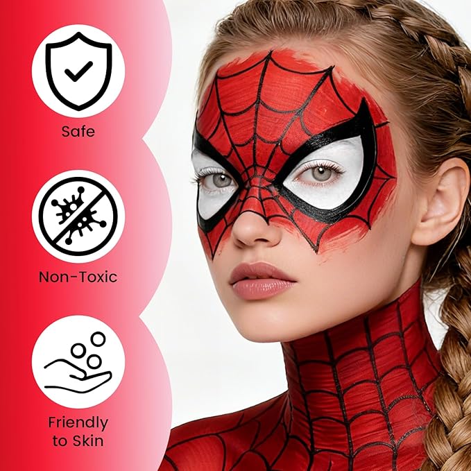 Red Black White Oil Based Face Paint Kit with Painting Brushes, Professional Full Coverage Greasepaint for Adults Halloween Cosplay SFX Spider-man Joker Devil Makeup Carnival Stage