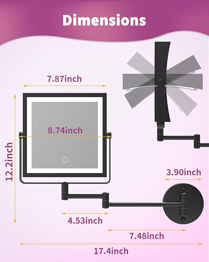 Rechargeable Wall Mounted Makeup Mirror with Lights, 4000mAh Double Sided 1X/10X Magnifying Vanity Mirror with 3 Color Lights, Touch Dimmable, 360° Extension Foldable Arm (Matte Black)