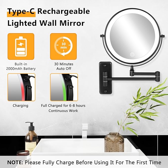 DECLUTTR Rechargeable Wall Mounted Lighted Makeup Mirror, 8 inch 10X Magnifying Mirror with 3 Color Lights, Dimmable Touch Screen Makeup Mirror with Lights for Bathroom, Black
