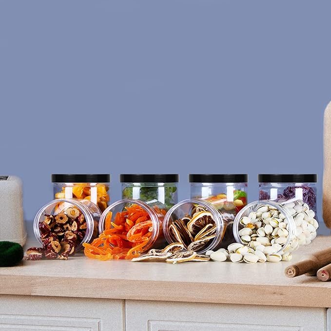 12oz Clear Plastic Storage Jars Containers,8 Pack Refillable Black Wide-Mouth Plastic Slime Storage Containers for Beauty Products,Kitchen & Household Storage - BPA Free