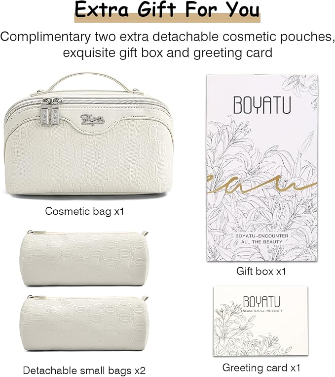 BOYATU Travel Makeup Bag for Women: Cosmetic Organizer Bag with Compartments - Leather Make up Bags Set of 3 (White)