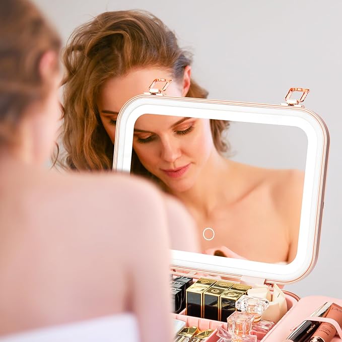 Travel Makeup Train Case With LED Lights, 3 Brightness Adjustable Portable Makeup Organizer, Professional Adjustable Divider Storage Waterproof Makeup Train Case Accessories and Toolboxes