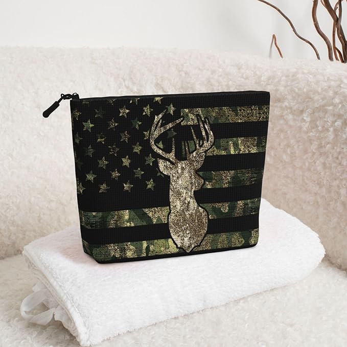 MOLAIGIN Camo Camouflage Hunting Deer American Flag Cosmetic Bag For Women, Travel Makeup Bag, Toiletry Zipper Bag, Large Capacity Aesthetic Cases