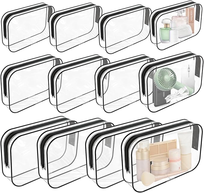 12 PCS Clear Makeup Bag for Women with Zipper, TSA Approved Toiletry Pouch, Cosmetic Bag Bulk for Travel Organizer Diaper, Toy, Gift (Black)