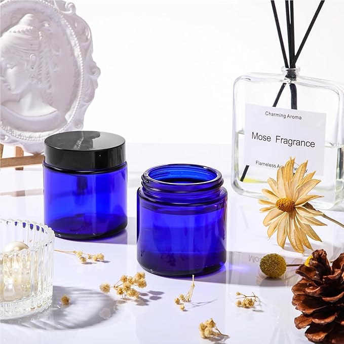 2 Oz Blue Round Glass Jars with Inner Liners and Gold Lids(12PCS) Empty Cream Containers Refillable Cosmetic Vials for Cosmetics, Lotions, Ointment, Body Scrubs & Balms