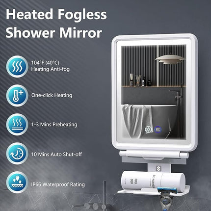 Heated Shower Mirror Fogless for Shaving, 3 Colors Stepless Dimmable Lights Fogless Mirror for Shower, Rechargeable Anti Fog Shaving Mirror for Shower with Razor Holder, Light Memory Function, White