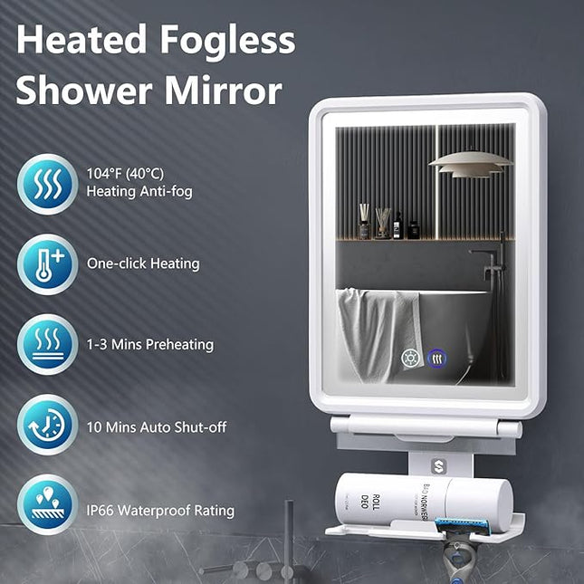 Heated Shower Mirror Fogless for Shaving, 3 Colors Stepless Dimmable Lights Fogless Mirror for Shower, Rechargeable Anti Fog Shaving Mirror for Shower with Razor Holder, Light Memory Function, White