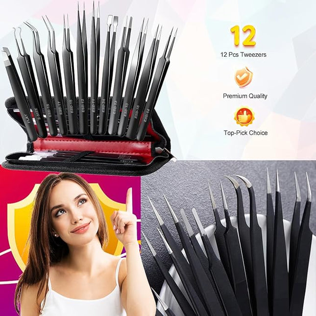 Antonki 12 Pack Precision Tweezers Set for Craft, Soldering, Jewelry, Facial Hair, Eyebrow, Ingrown Hair Removal, Eyelash Extension- with Case