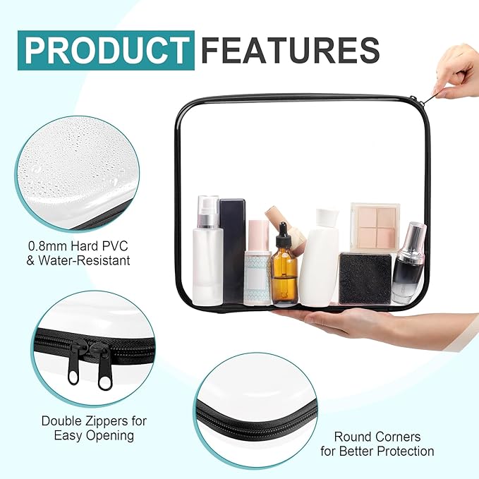 Sanwuta 6 Pcs Clear Hard Zipper Case Pencil Pouches Hard Plastic Zipper Pouches Makeup Bag Transparent Cases for Snacks Plastic Storage Organizer Box for Travel(Black,13.78 x 11.81 x 2 Inch)