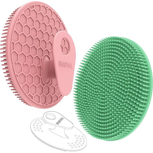 Silicone Body and Face Scrubber Set 3 Pack, BEAUTAIL Shower Bath Scrubber, Gentle Exfoliating Brush for Women Men Baby Sensitive Skin, More Hygienic Than Traditional Loofah, Long Lasting, Pink+Green