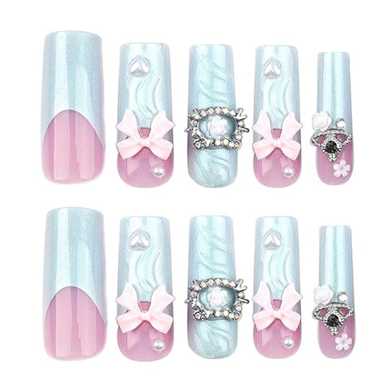 RUOKEXIN Long Square Press-on French Tip False Nails with 3D Flower Bow Heart Designs - Sparkly Artificial, Glue-on Nails - Cute Stick-on - 24pcs