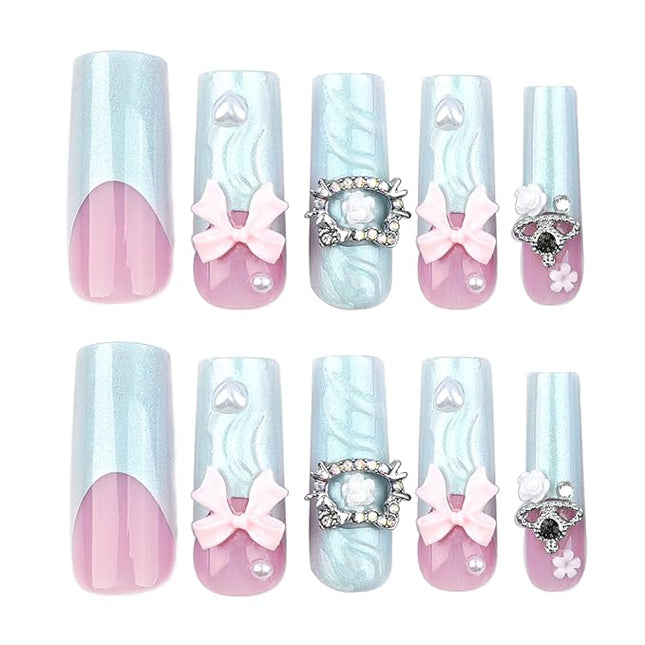 RUOKEXIN Long Square Press-on French Tip False Nails with 3D Flower Bow Heart Designs - Sparkly Artificial, Glue-on Nails - Cute Stick-on - 24pcs
