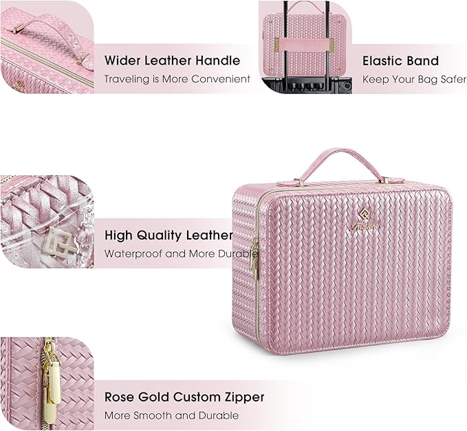 Leather Makeup Case with LED Lighted Mirror 11.4 Inch Travel Makeup Bag Adjustable Brightness in 3 Colors Cosmetic Organizer Artist Storage Bag with Dividers Brush Holder Bag Vanity Shiny Pink