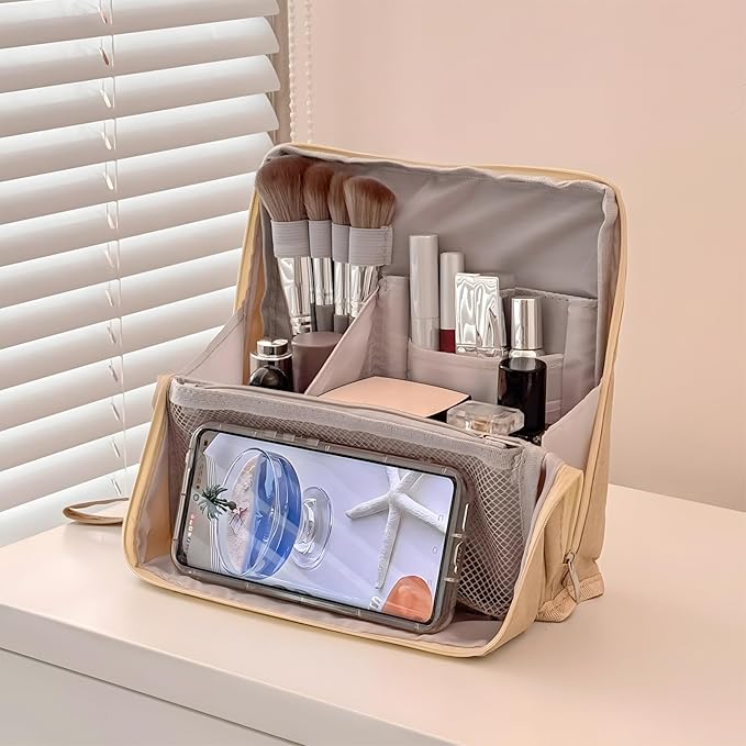 Makeup Bag,Standing Makeup Bag – Portable,Large Capacity Multi-purpose Large Capacity Oxford Cloth Standing Makeupbag Portable, Aterproof,Compartments and Handle (Blue)