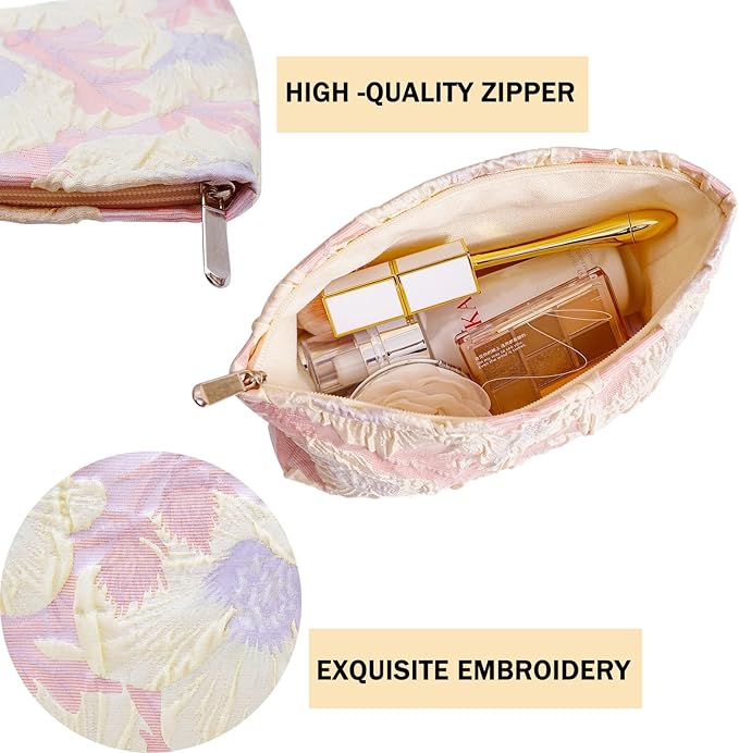 2 Pcs Makeup Bags, Large Cosmetic Bag Travel Toiletry Bag Organizer for Women, Embroidery Craft, Floral Makeup Bag Small Cosmetic Pouch Purse with Zipper Gifts for Girls Teen