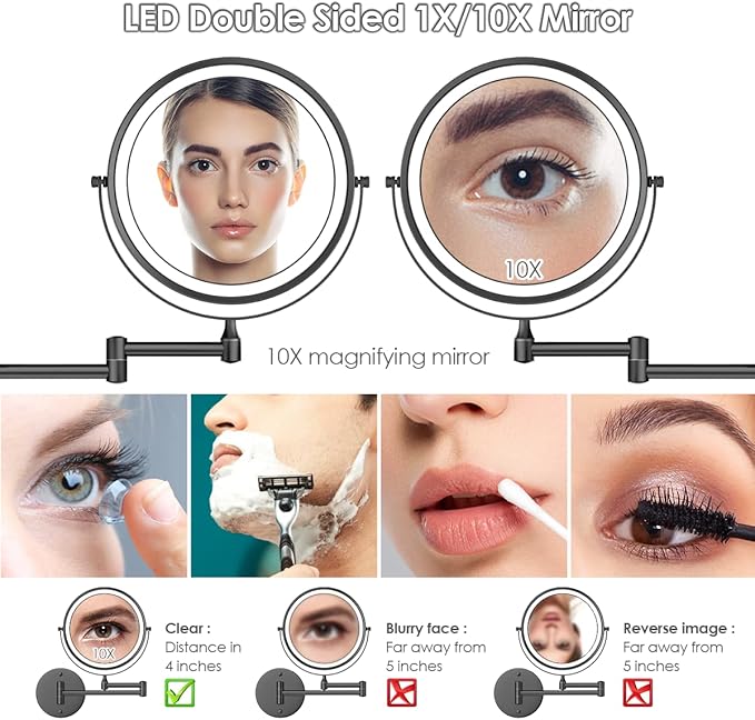 Rocollos Rechargeable Wall Mounted Lighted Makeup Mirror, 8 Inch Double-Sided LED Vanity Mirror 1X/10X Magnification,3 Color Lights Touch Screen Dimmable 360°Swivel 13 Inch Extendable