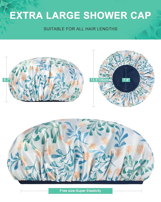 Shower Caps, Terry lined Reusable shower cap Waterproof Large Shower Cap for Women, Triple Layer Shower Caps for Long Thick Hair