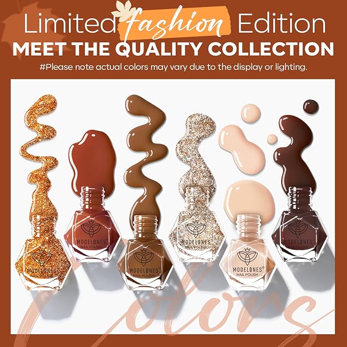 modelones Nail Polish Set, 6 Colors Fall Glitter Nail Polish Kit Orange Brown Quick Dry Fingernail Polish Manicure Nail Art Manicure DIY Home Salon Gifts for Women Mom