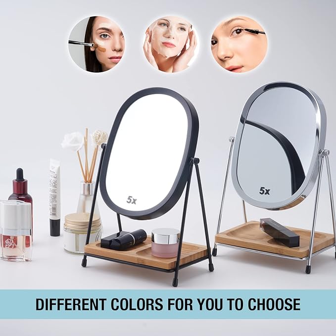 JOYOEIKON Tabletop 5x/1x Magnifying Makeup Mirror with Squared Bamboo Tray Small Desk Mirror 360° Rotation Vanity Mirror with Stand Desktop Cosmetic Mirror