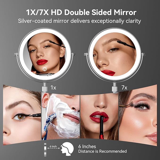 Nicesail LED 7X Make up Mirror of 8 Inch, 4000 mAh Rechargeable Mirror with Light of 3 Colors, Brightness Adjustable, Height Adjustable, Double Sided in Chrome Finish (8 Inch, 7X)