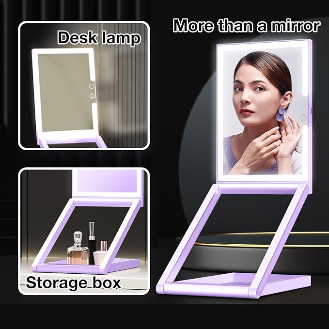 10X Magnifying Lighted Makeup Mirror, Rechargeable, ABS & Glass, Tabletop Mount, 3 Color Lighting, 1200mAh Battery
