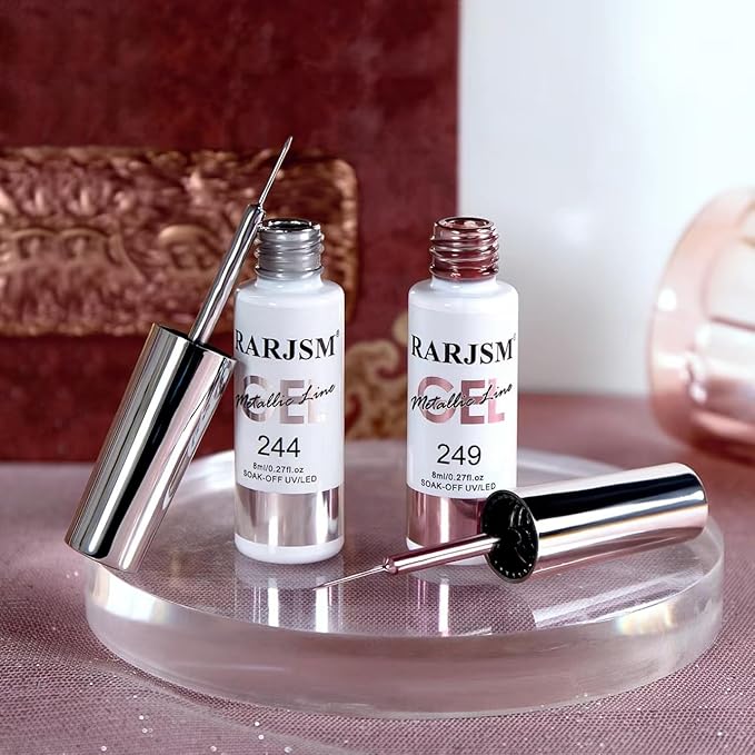 RARJSM Metallic Chrome Gel Liner Nail Art 3D Mirror Silver and Rose Gold Effect Gel Nail Polish 8ml Painting Build in Thin Brush Metal Painted Drawing Striper Gel Polish Curing Requires for Home Salon